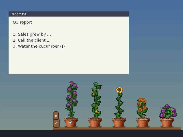 A shelf with five pots on the desktop over a text window
